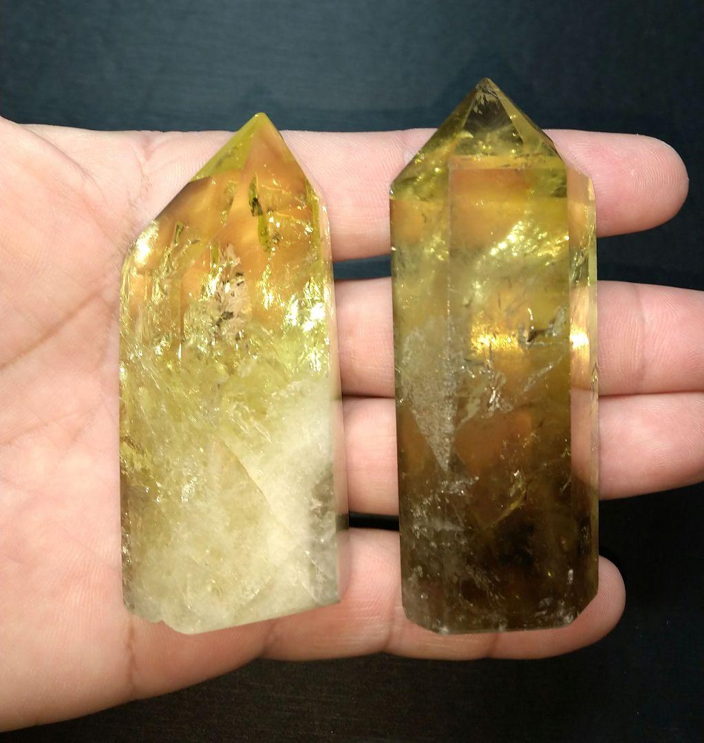 【美品,希少】レモンクォーツ《ポイント》２本セット　置物　天然石　虹