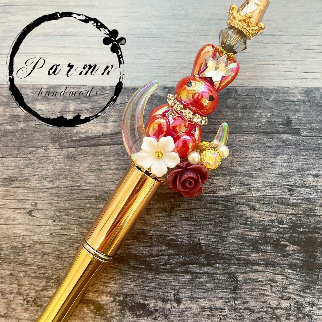 限定①アンティークフラワーのお月様とうさぎさんの水色系ボールペン♥️