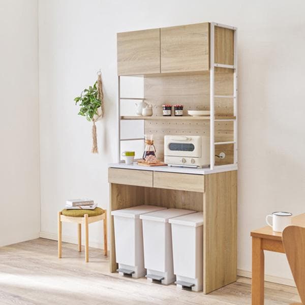 【幅90㎝】キッチンラック レンジラック ゴミ箱 【ブラック×ブラウン】