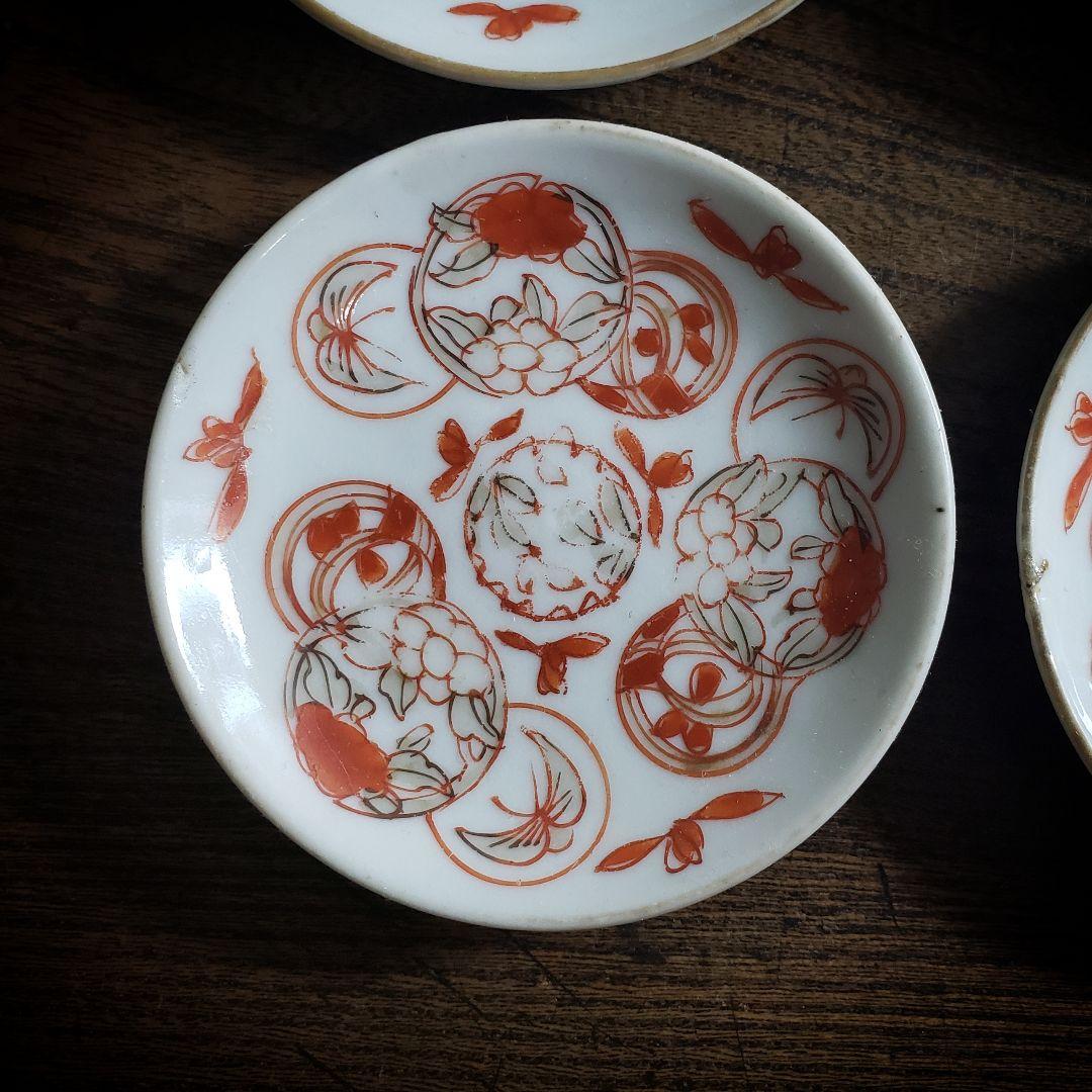 豆皿　小皿　4枚　白磁　赤絵　絵付　古伊万里　蝶　丸窓　唐草　江戸