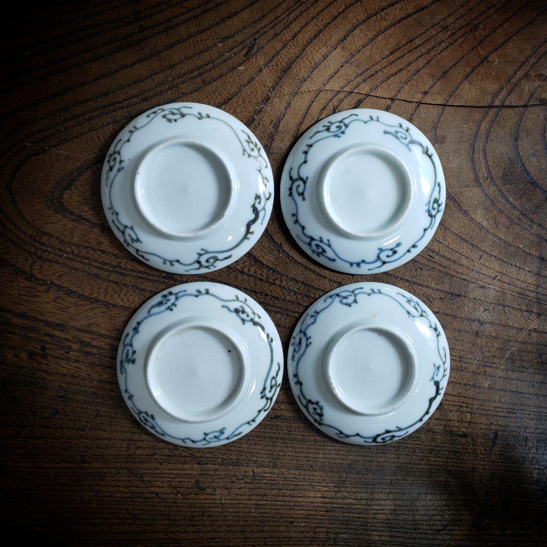 豆皿　小皿　4枚　白磁　赤絵　絵付　古伊万里　蝶　丸窓　唐草　江戸