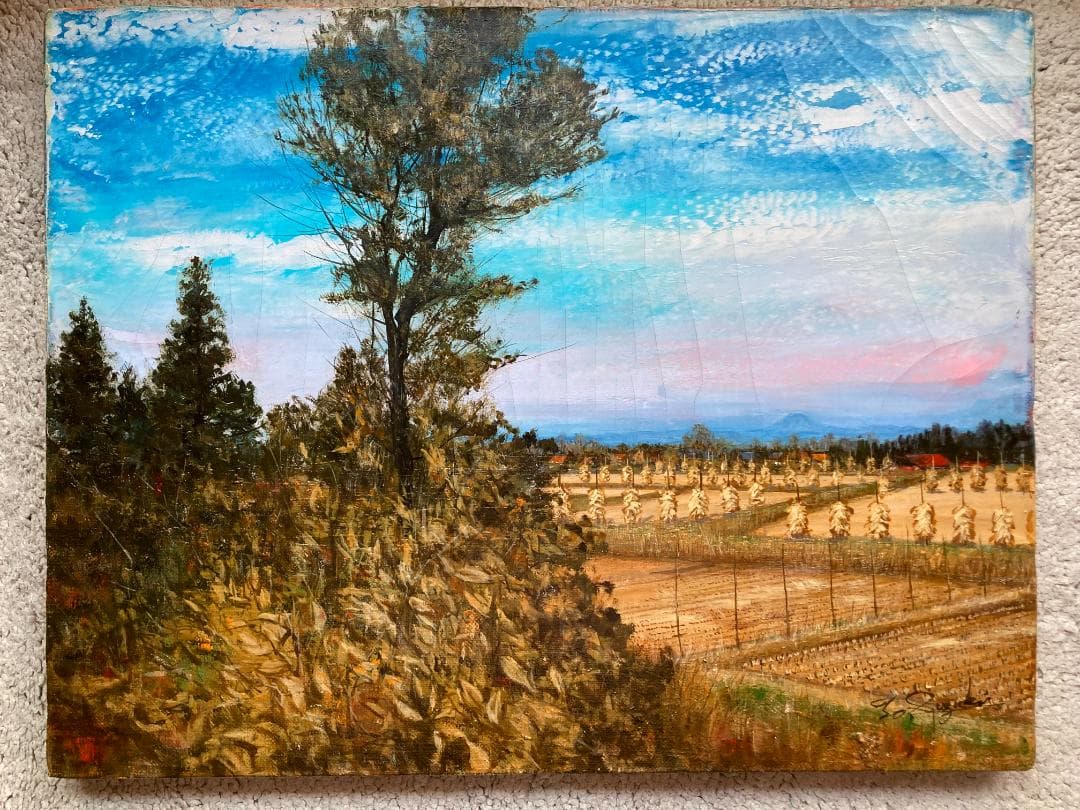 農村風景 油絵 鈴木通作 直筆サイン 油彩 肉筆 F6号 昭和レトロ