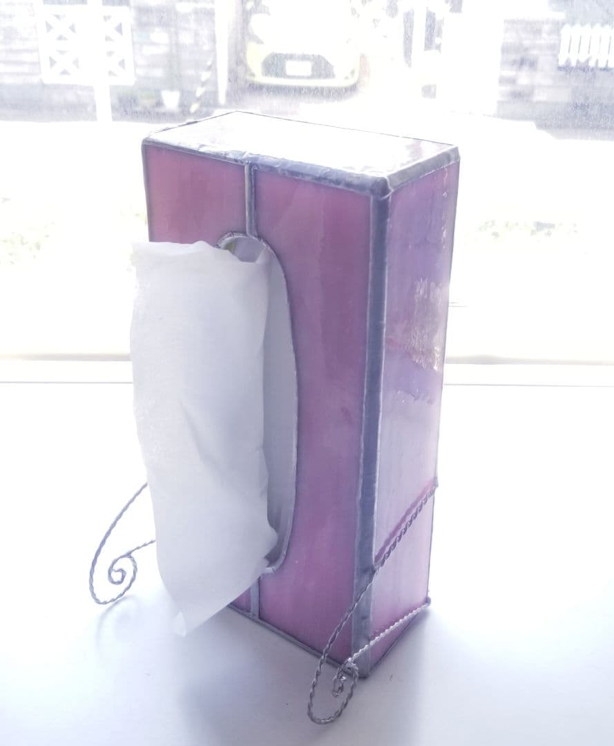 ステンドグラス　アンティーク調　ティッシュボックスピンク色(現品限り)