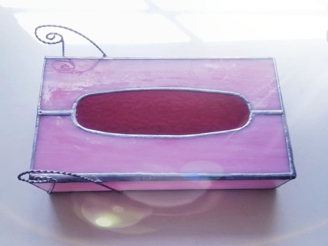 ステンドグラス　アンティーク調　ティッシュボックスピンク色(現品限り)