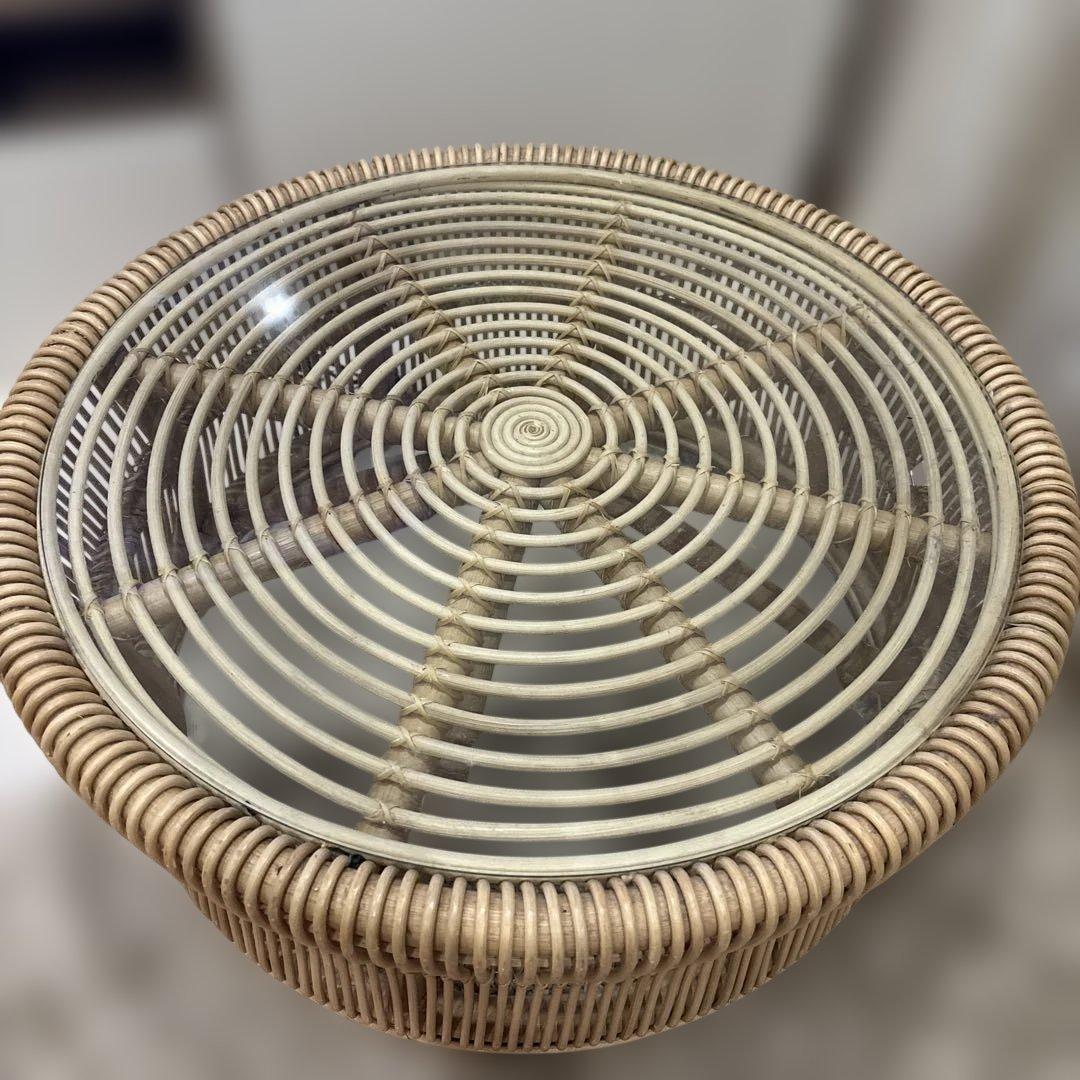 ラタン 円形センターテーブル ガラス天板付き