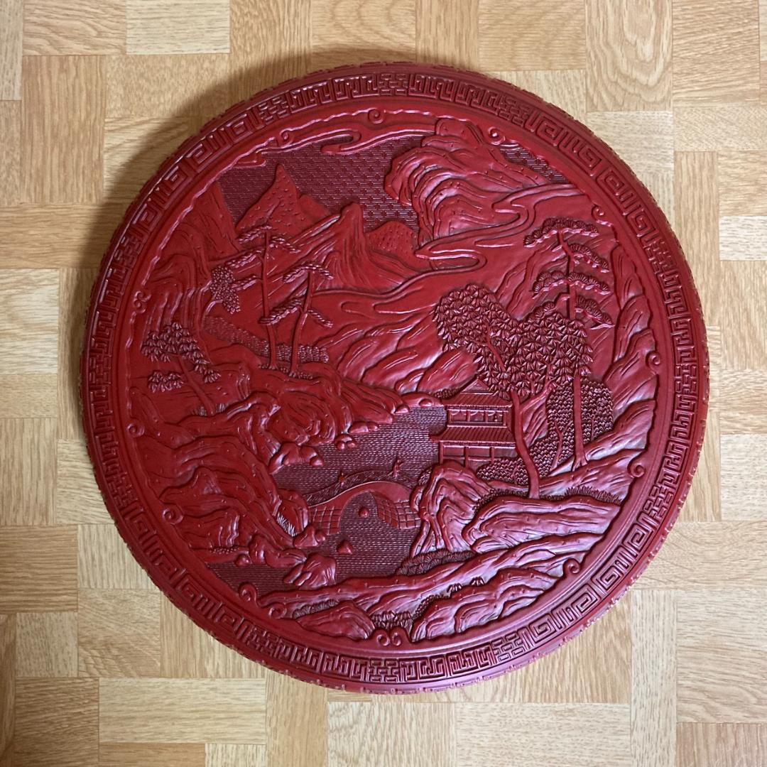 堆朱　朱塗り　漆塗り　漆器　丸型　茶櫃　茶器入れ