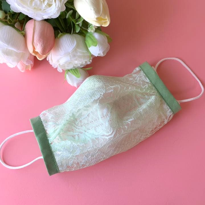 ドレスアップマスク お花レース マスクカバー ミント・グリーン