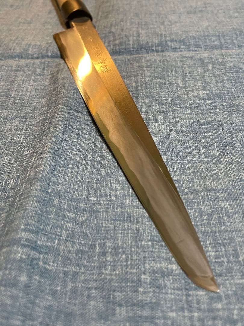 国行鍛錬　石川　青鋼　水牛角　波紋　先丸柳刃包丁　刃渡り24センチ