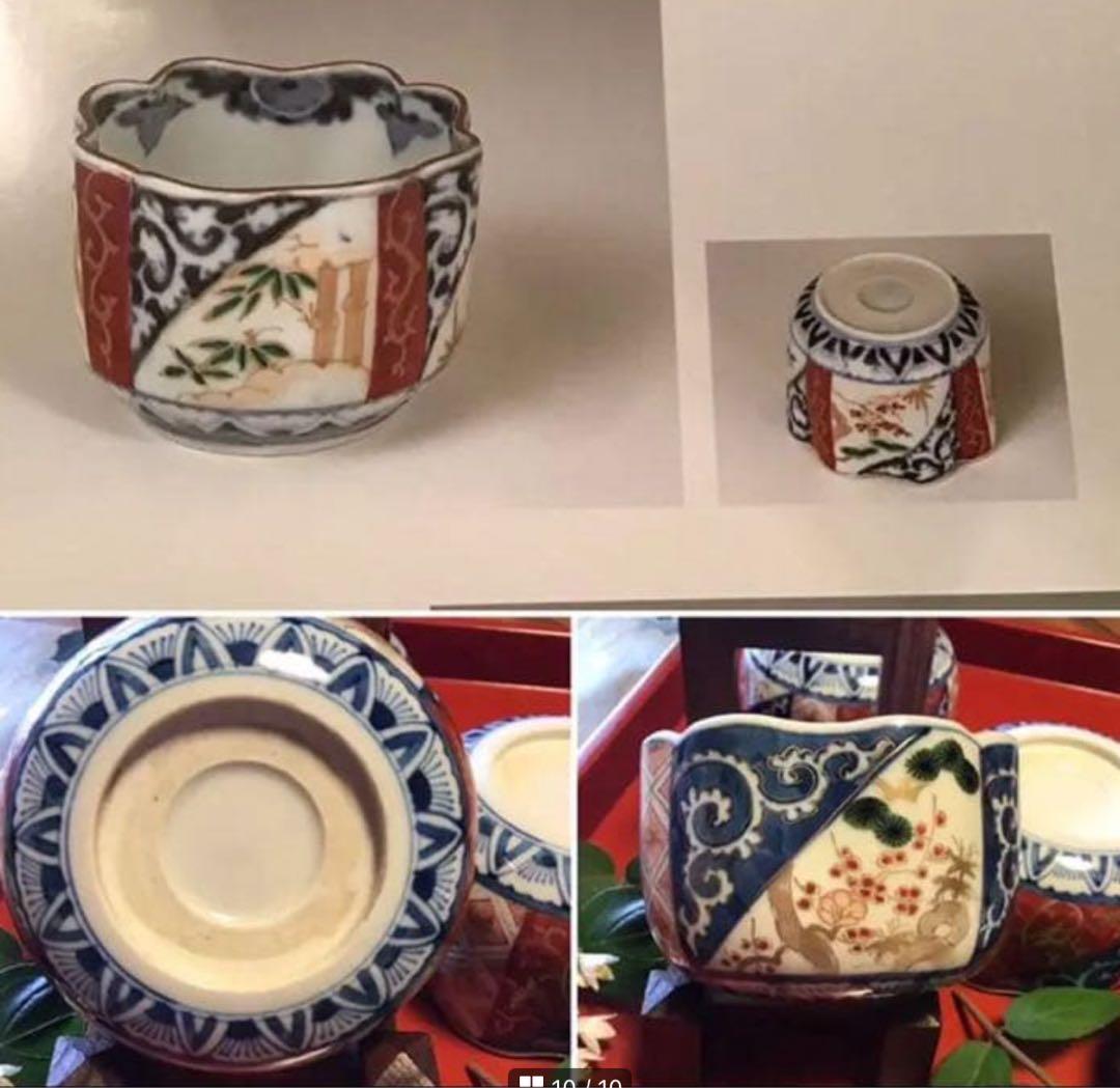 A1058古伊万里　最上手　染錦手　逆蛸唐草　松竹梅　波縁形鉢　向付　5客