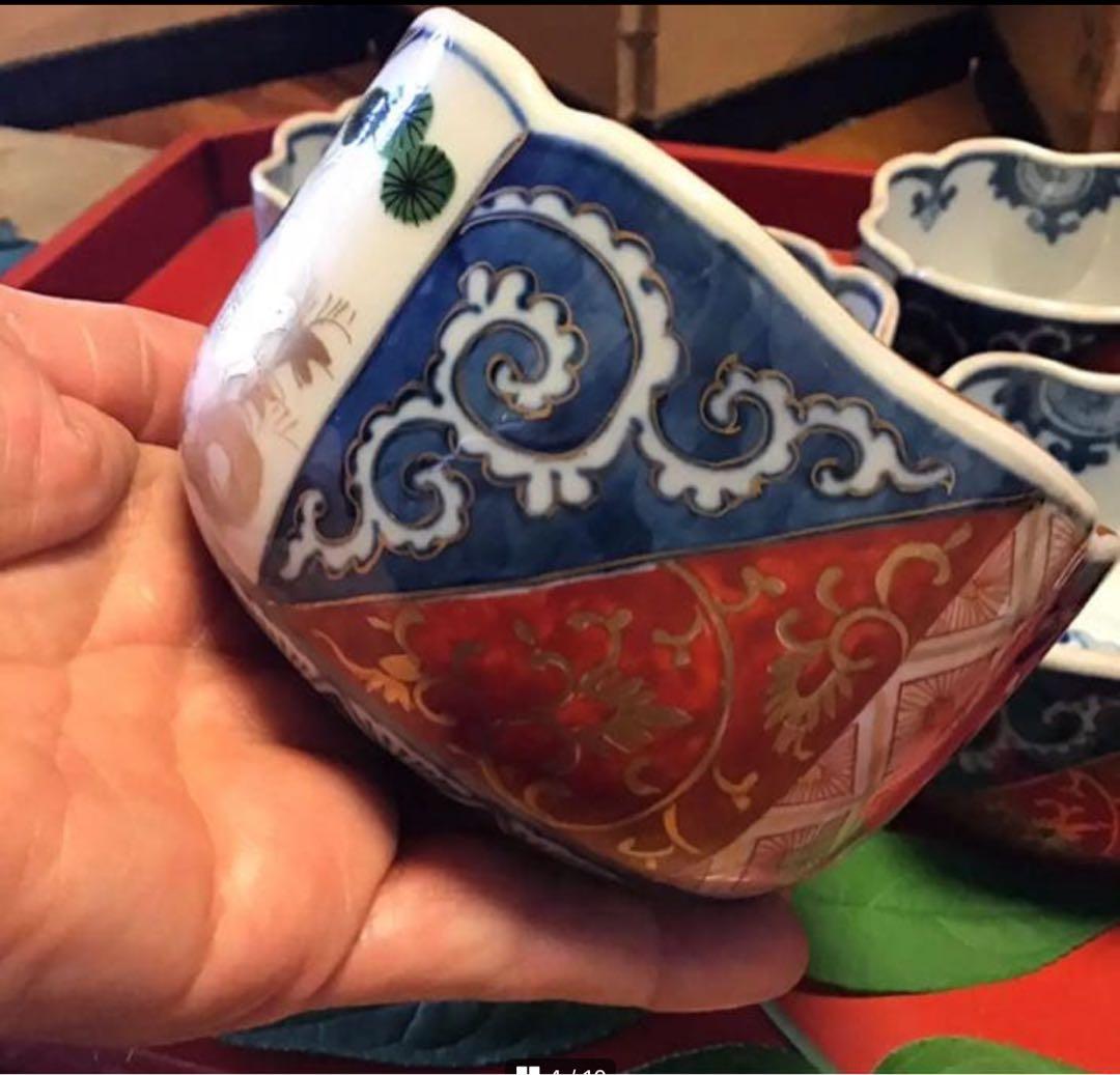 A1058古伊万里　最上手　染錦手　逆蛸唐草　松竹梅　波縁形鉢　向付　5客