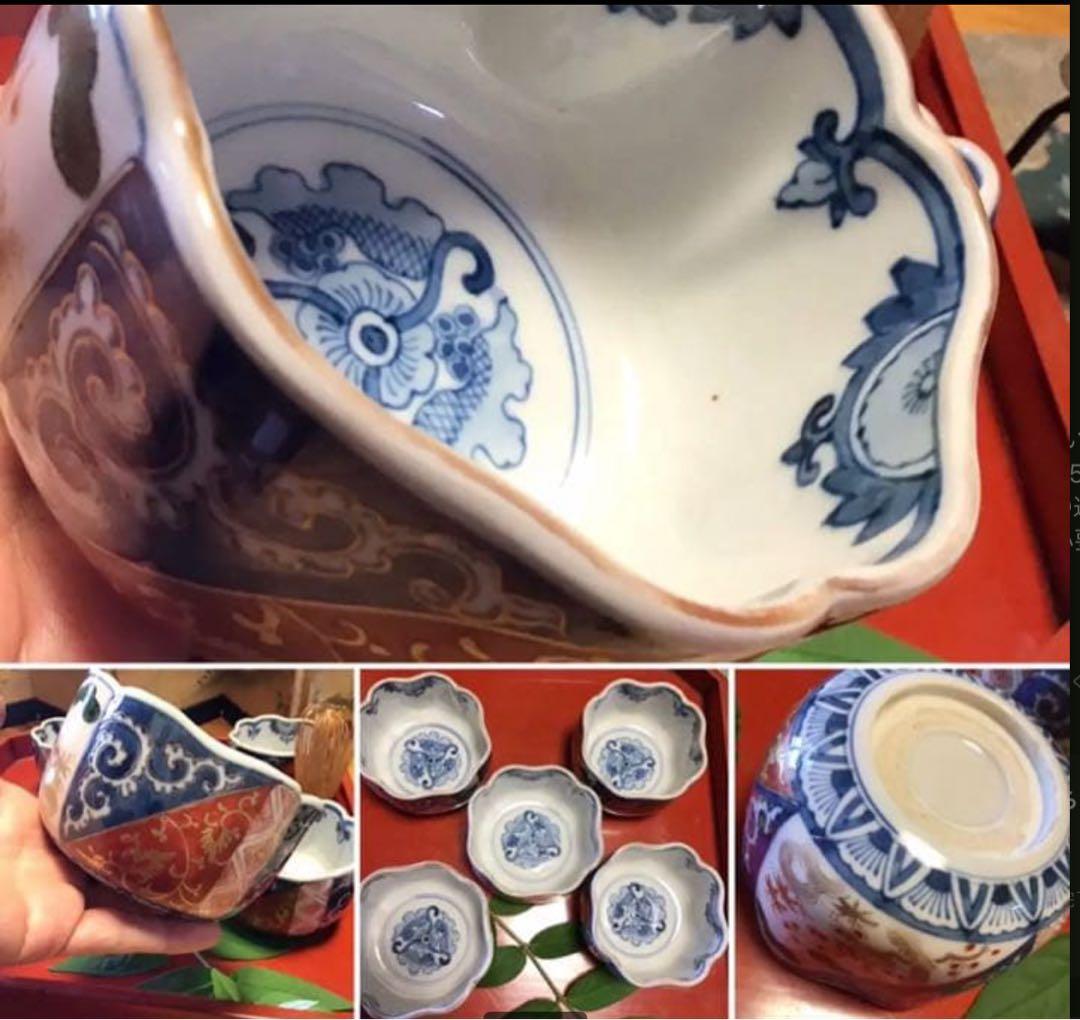 A1058古伊万里　最上手　染錦手　逆蛸唐草　松竹梅　波縁形鉢　向付　5客