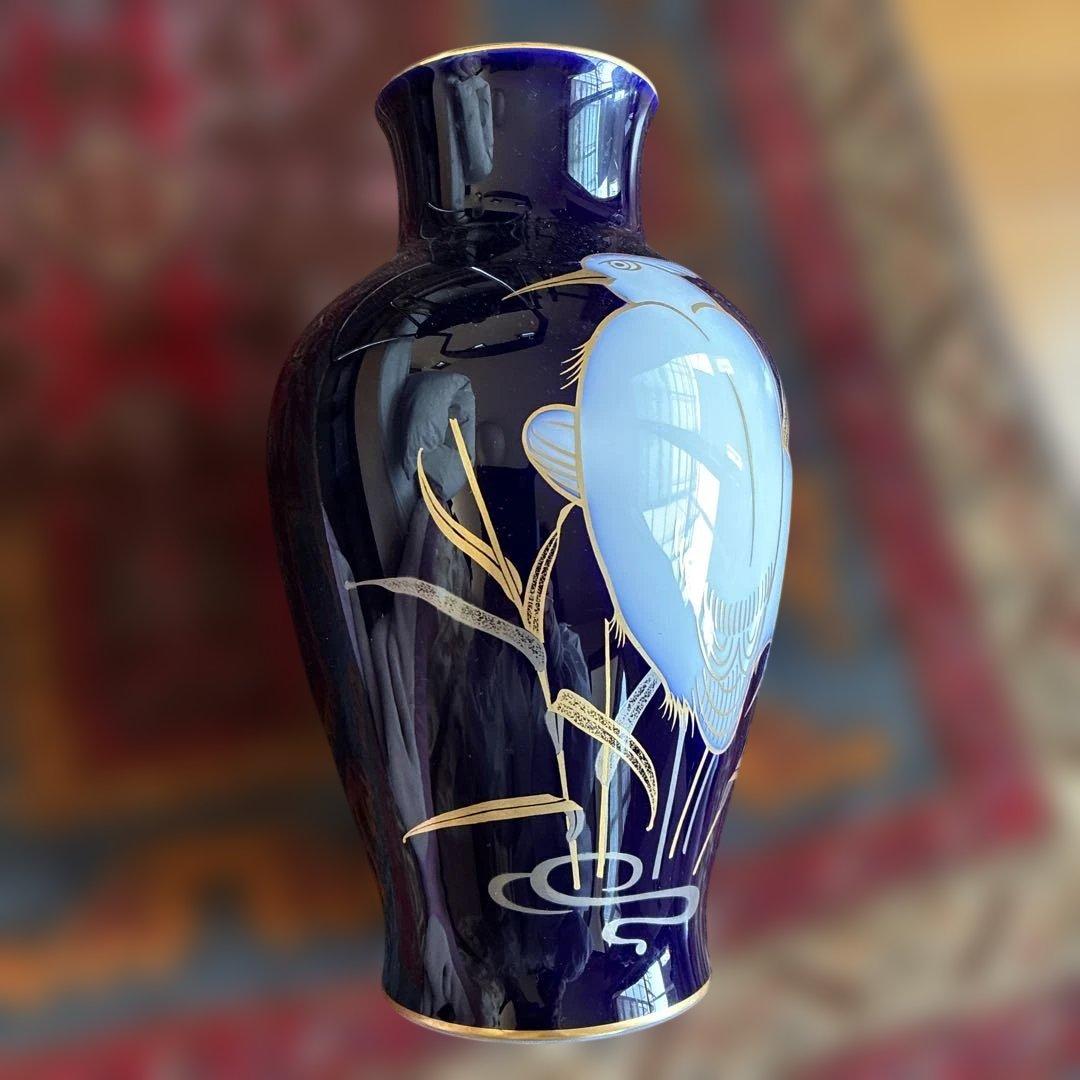 大倉陶園 瑠璃色の花瓶 鷺 - メルカリ
