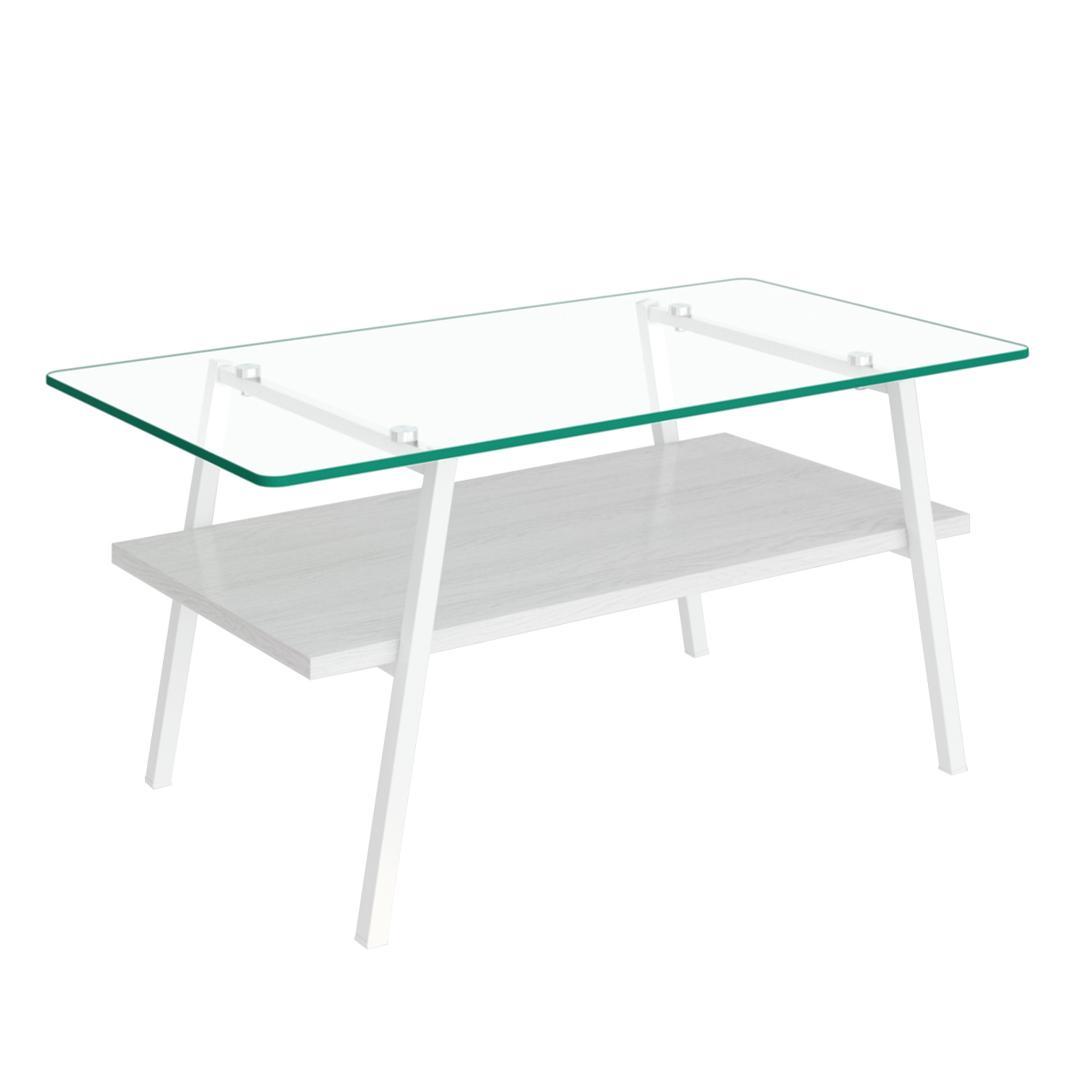 ホワイト モダン長方形コーヒーテーブル 強化ガラス天板+MDF収納棚 リビング用