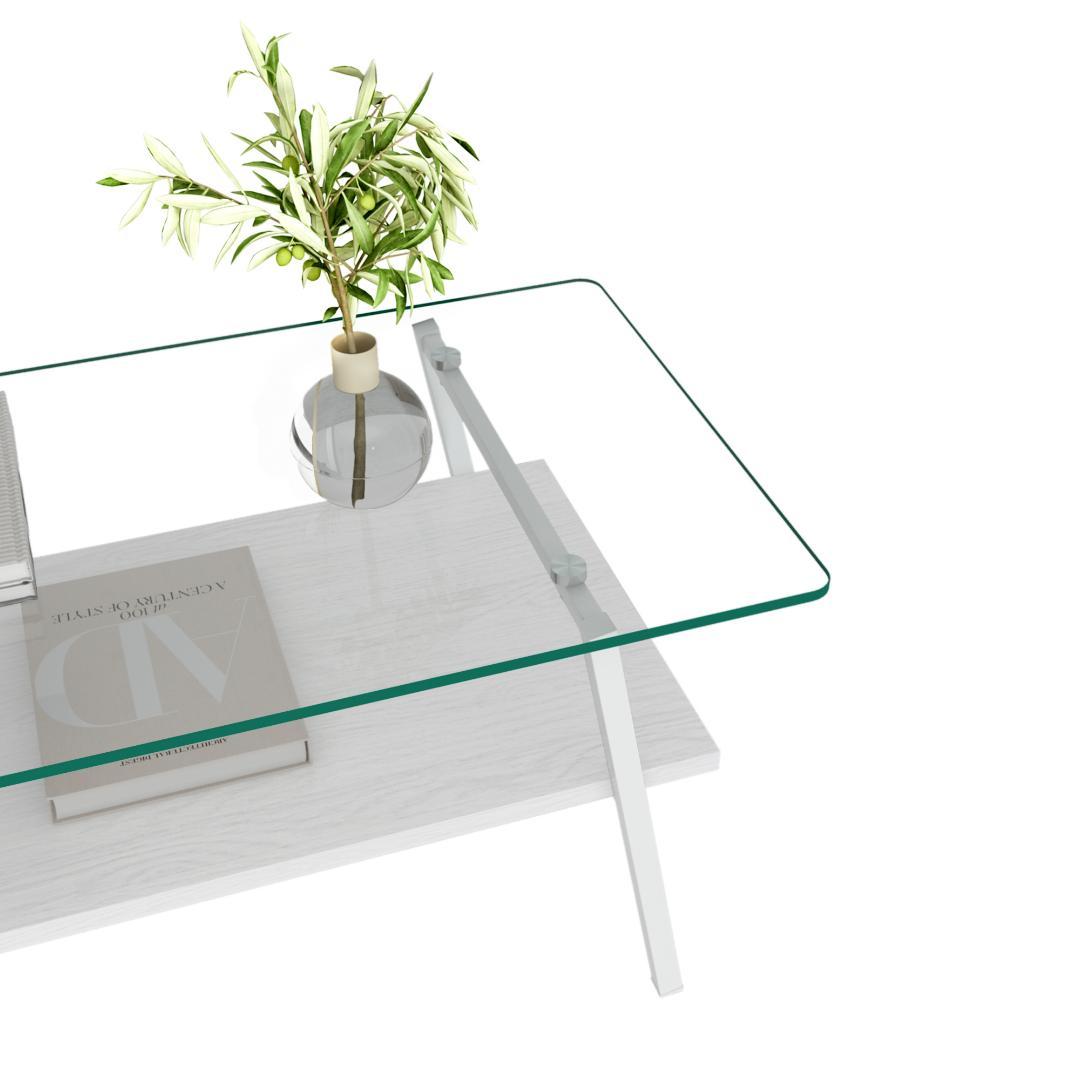 ホワイト モダン長方形コーヒーテーブル 強化ガラス天板+MDF収納棚 リビング用