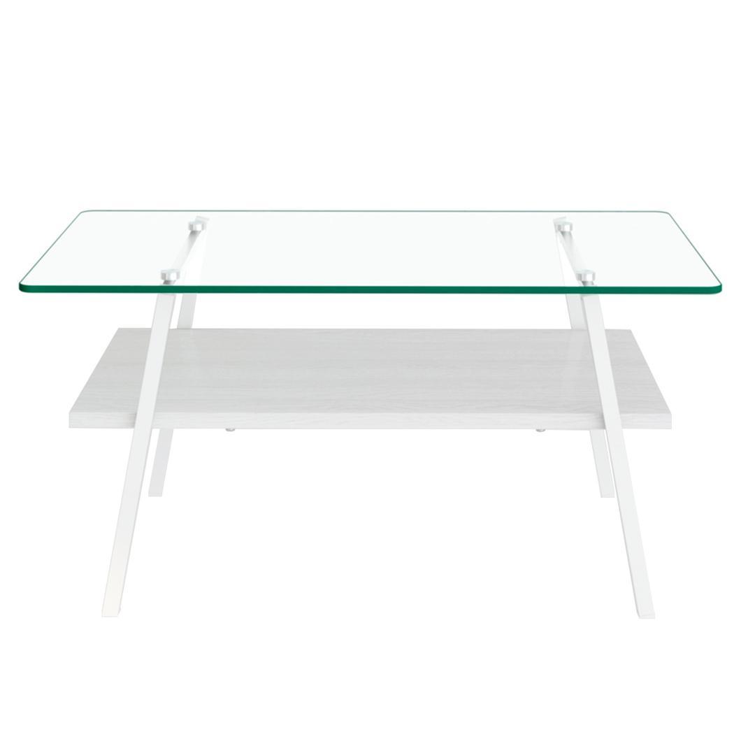 ホワイト モダン長方形コーヒーテーブル 強化ガラス天板+MDF収納棚 リビング用