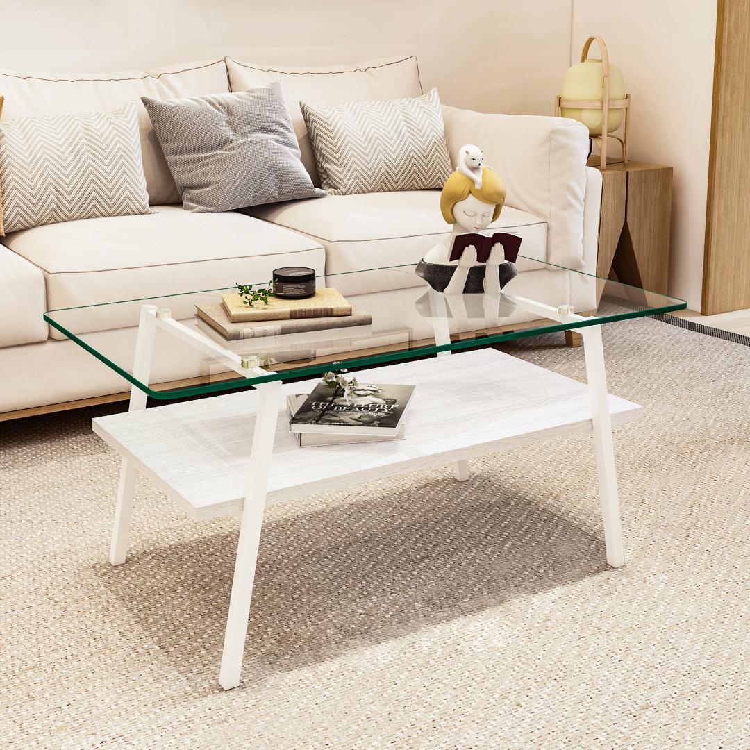 ホワイト モダン長方形コーヒーテーブル 強化ガラス天板+MDF収納棚 リビング用