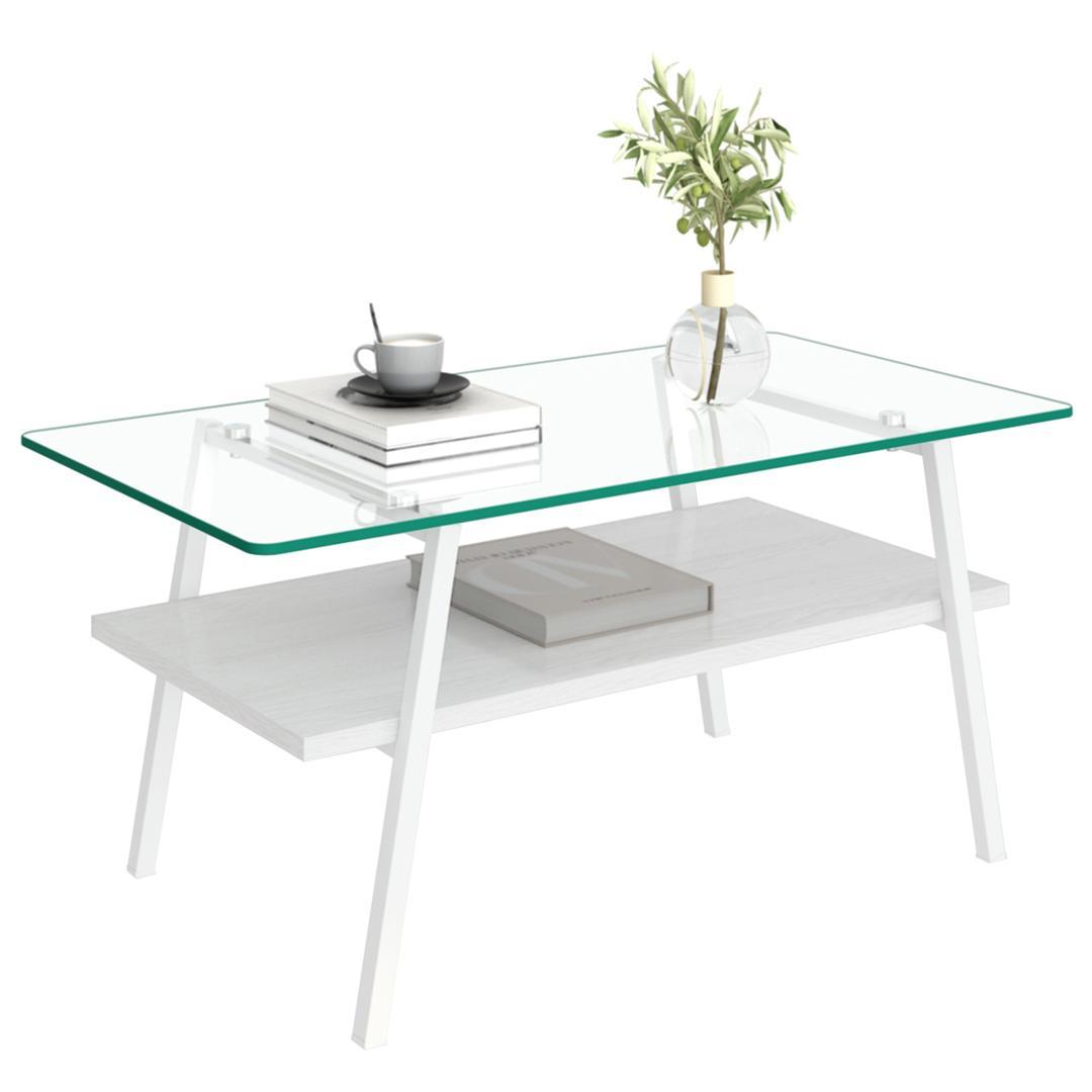 ホワイト モダン長方形コーヒーテーブル 強化ガラス天板+MDF収納棚 リビング用