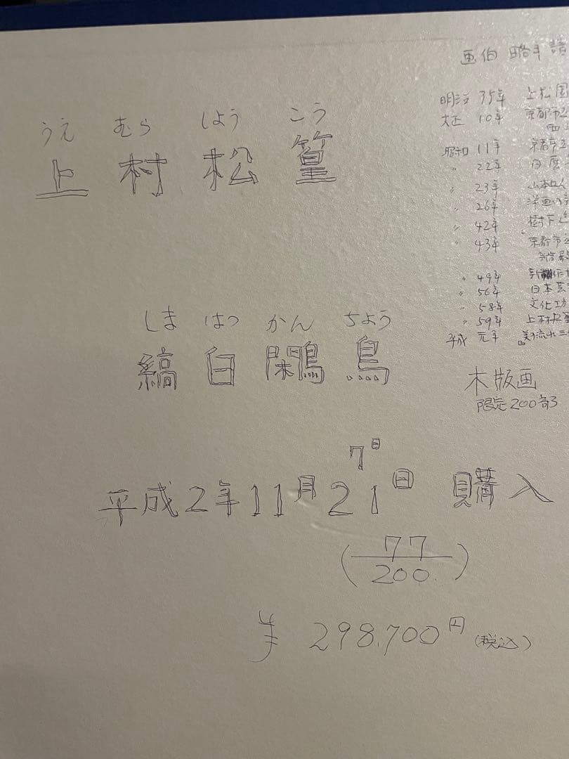 真作保証　上村松篁　「縞白鷴鳥」エディション77/200 木版画