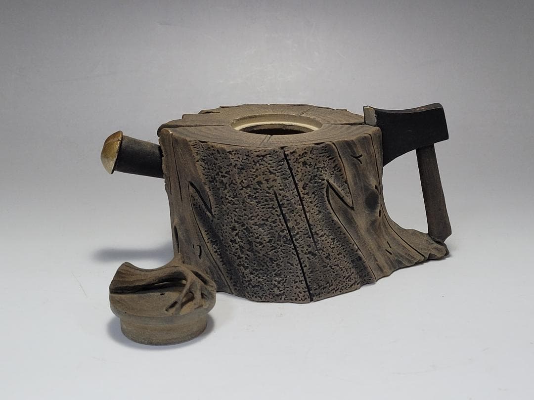 天然石造 斧と木型 急須 時代唐物 幅約15cm