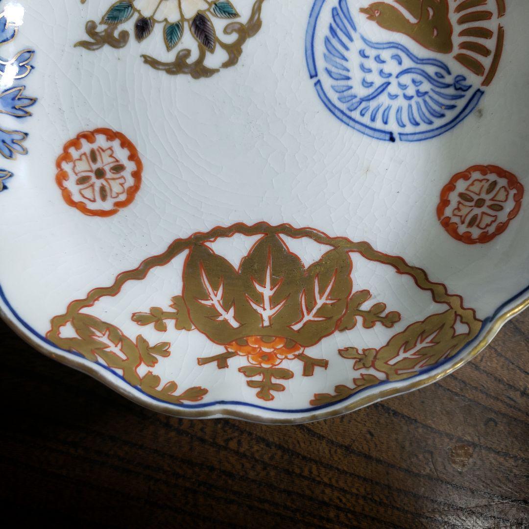 皿 色絵 金彩 牡丹唐草 鶴丸文 二重角富 宝尽くし 桐文花弁縁 古伊万里