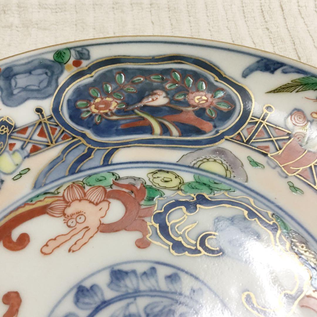 大聖寺伊万里 花龍欄干樹下唐人花鳥図 六寸平皿 6客