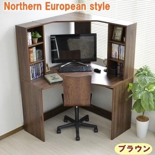 《新品送料無料》パソコンデスク L字型 コーナー 書棚付き デスク 机 ブラウン