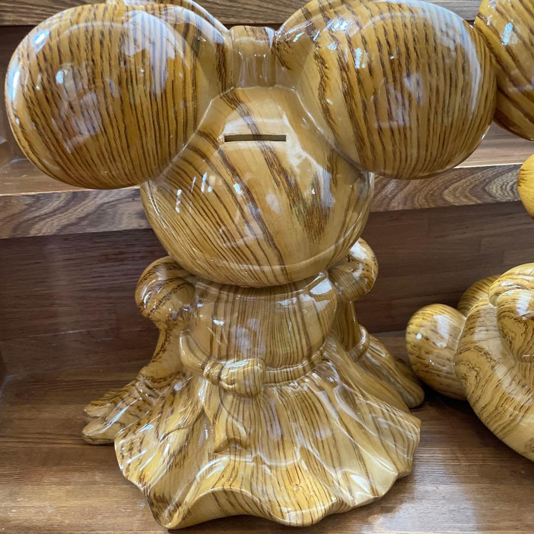 ディズニー　ミッキー　ミニー　木目調　貯金箱　置物