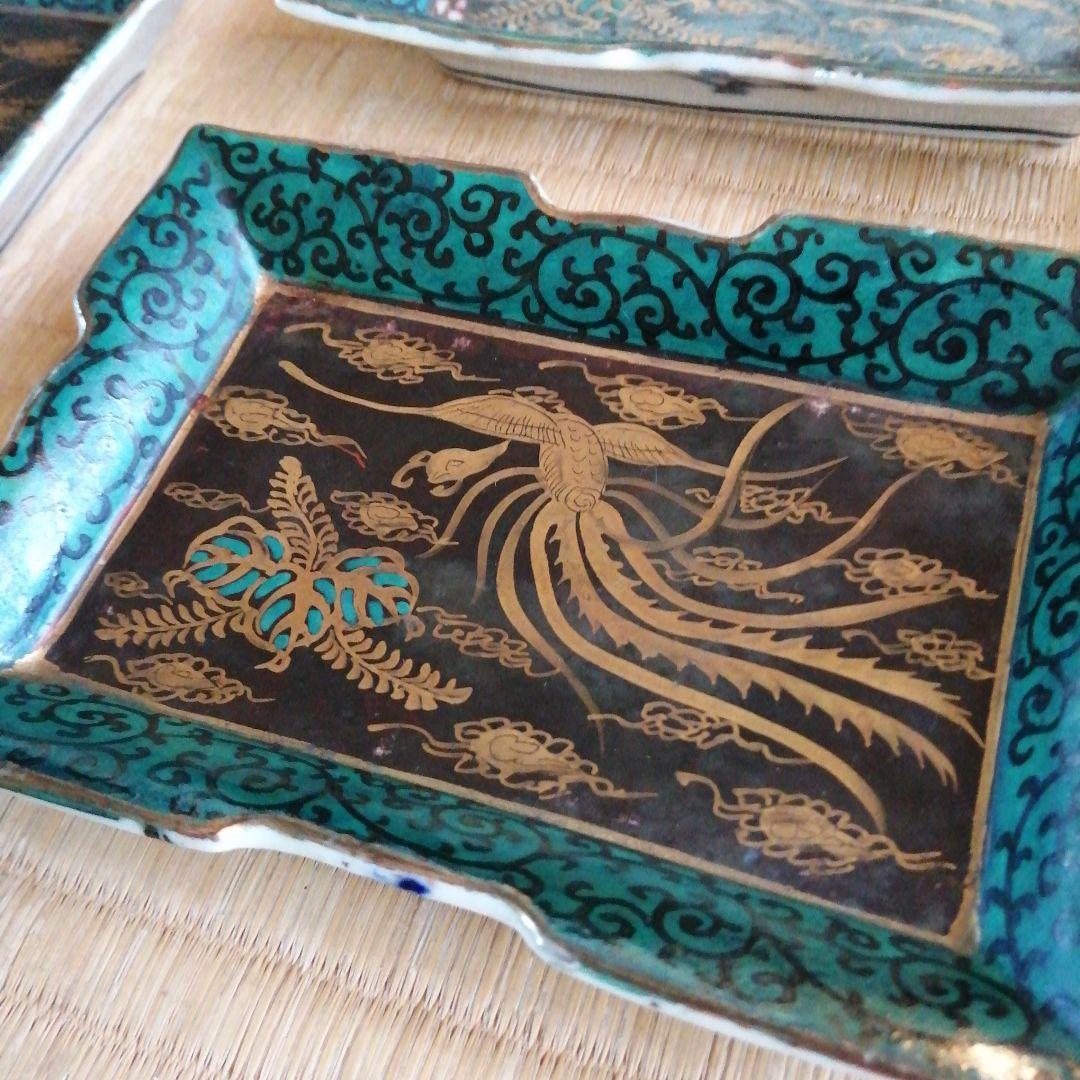 九谷焼　青九谷金彩鳳凰図角皿　25枚　15.5cm　幕末