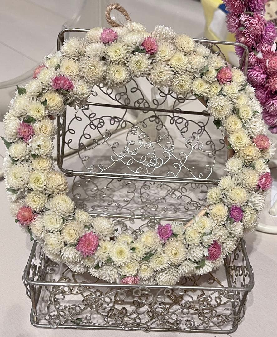 ドライフラワー円形リース ホワイト・ピンク・パープル