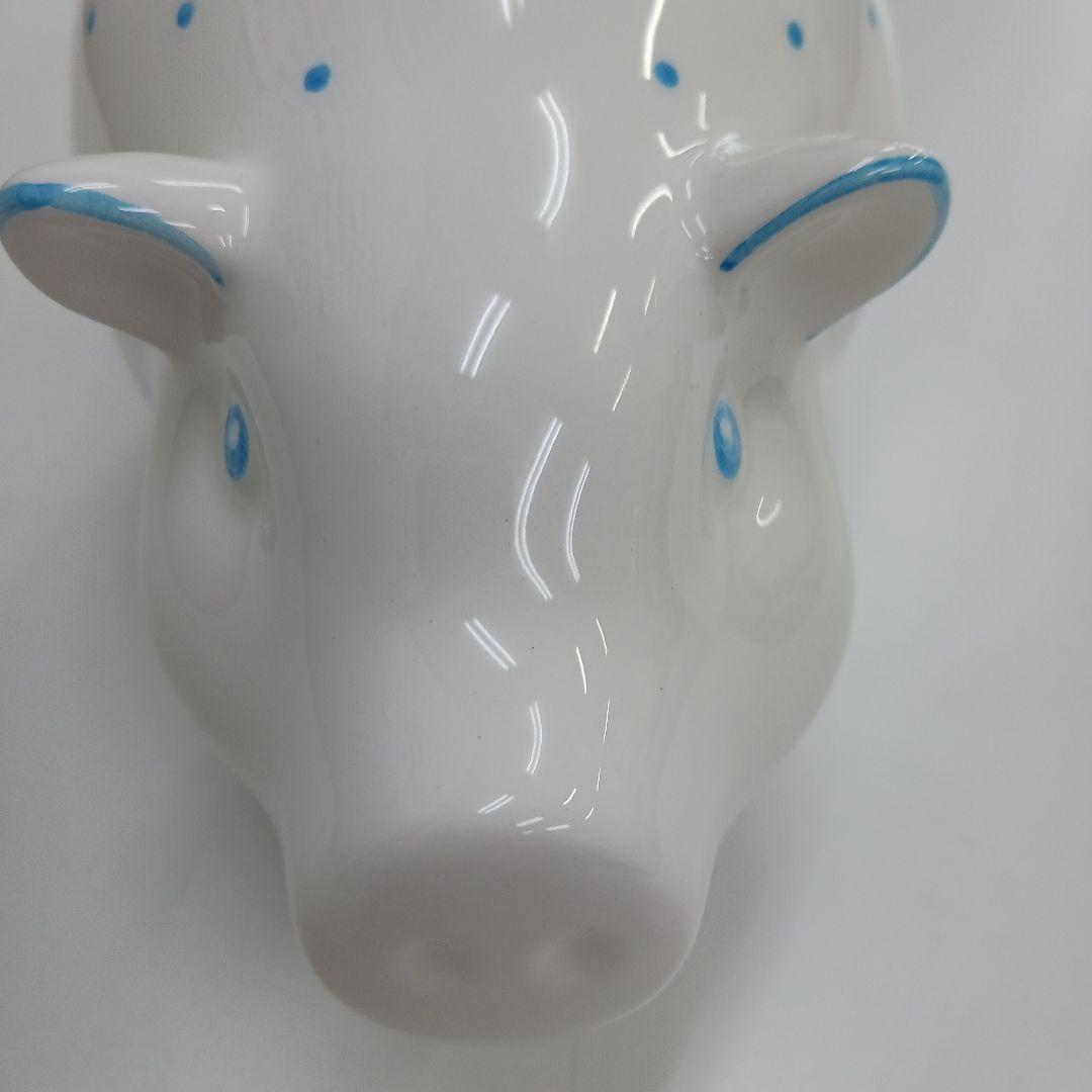 ティファニー美品ピギーバンク陶器製豚貯金箱 白と水色の水玉模様
