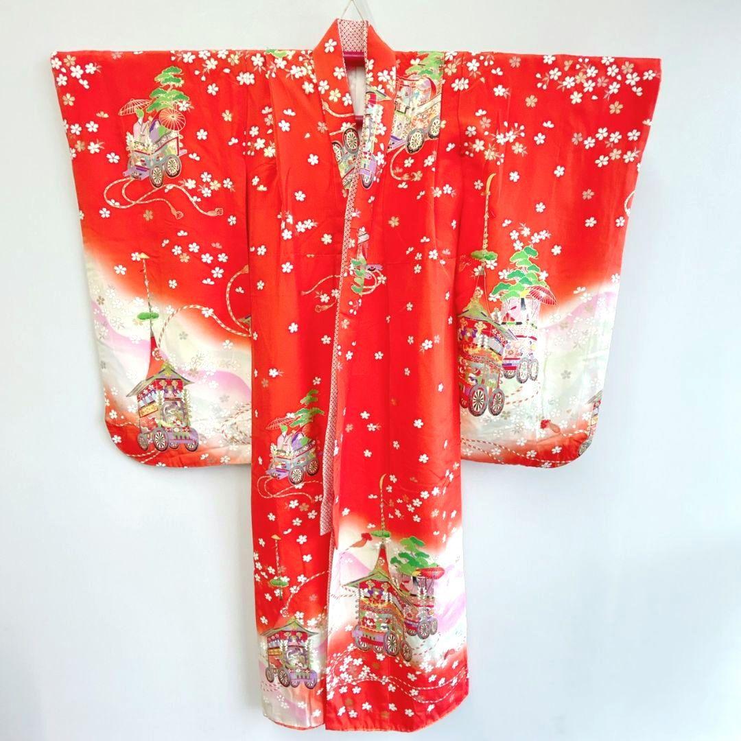 フルセット七五三　7歳女の子　着物＆帯＆簡単半衿＆小物　オレンジ地　比翼　祇園祭