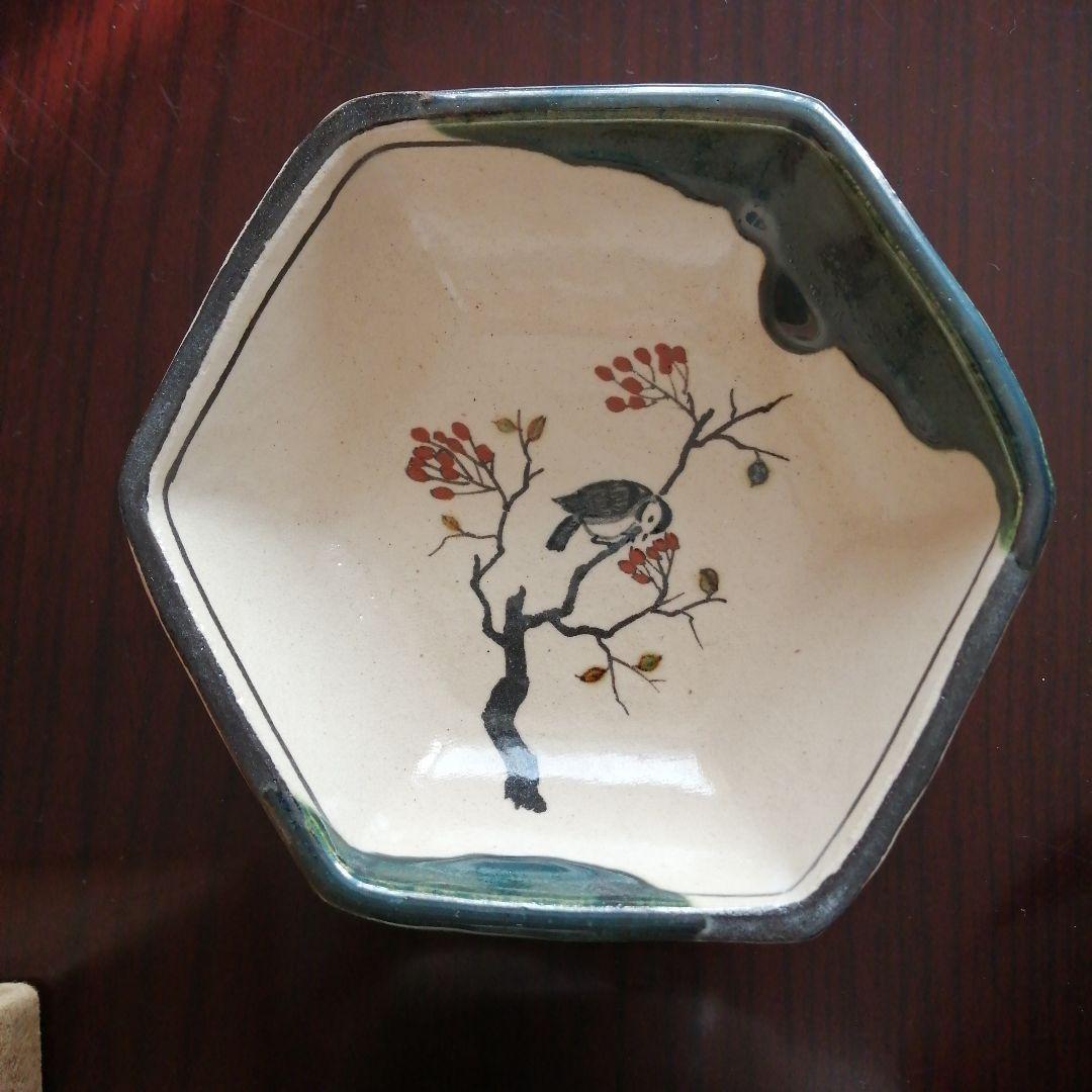 美濃焼　八橋　織部絵替鳥文六角向付　5客　13.5cm　昭和中期～今物