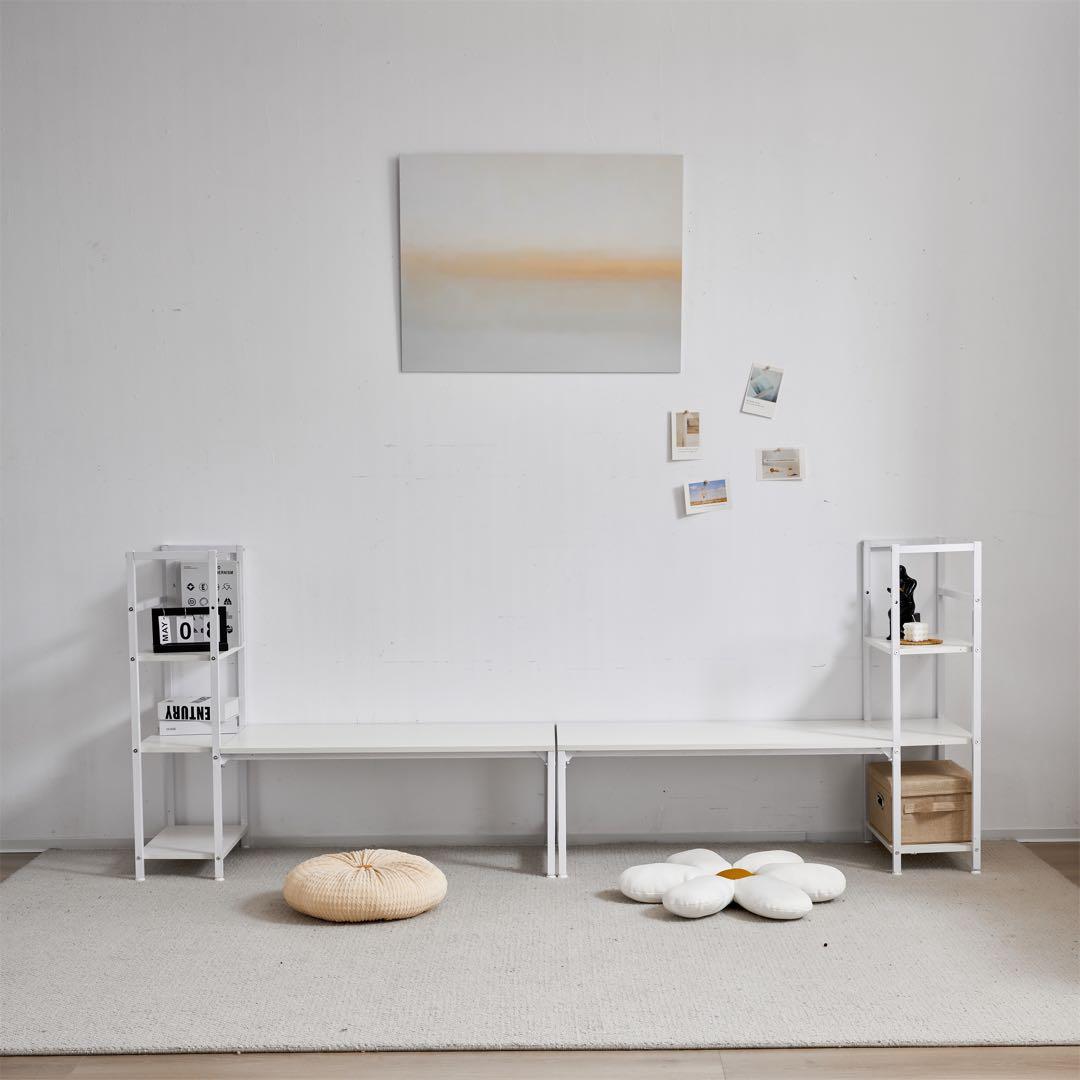 ワークデスク 学習デスク ロータイプ一体型デスク ラック付き 木製 灰