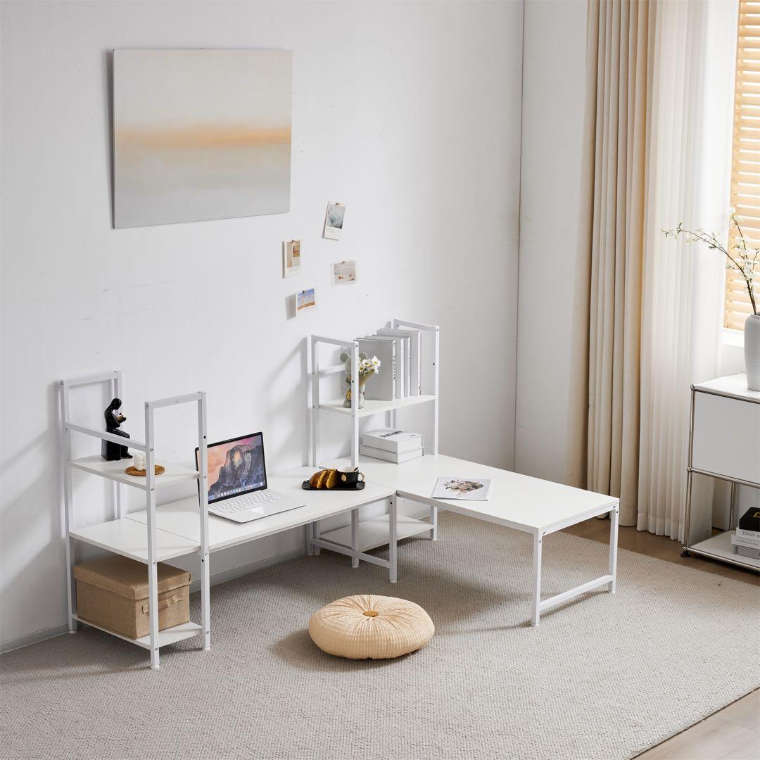 ワークデスク 学習デスク ロータイプ一体型デスク ラック付き 木製 灰