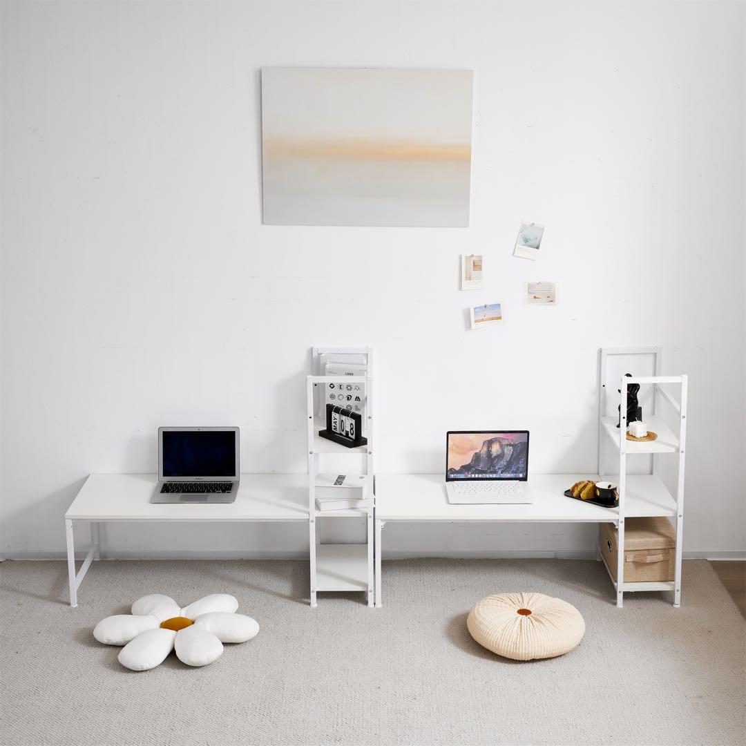 ワークデスク 学習デスク ロータイプ一体型デスク ラック付き 木製 灰