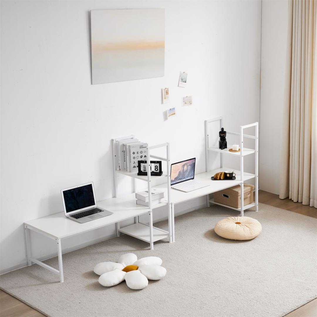 ワークデスク 学習デスク ロータイプ一体型デスク ラック付き 木製 灰