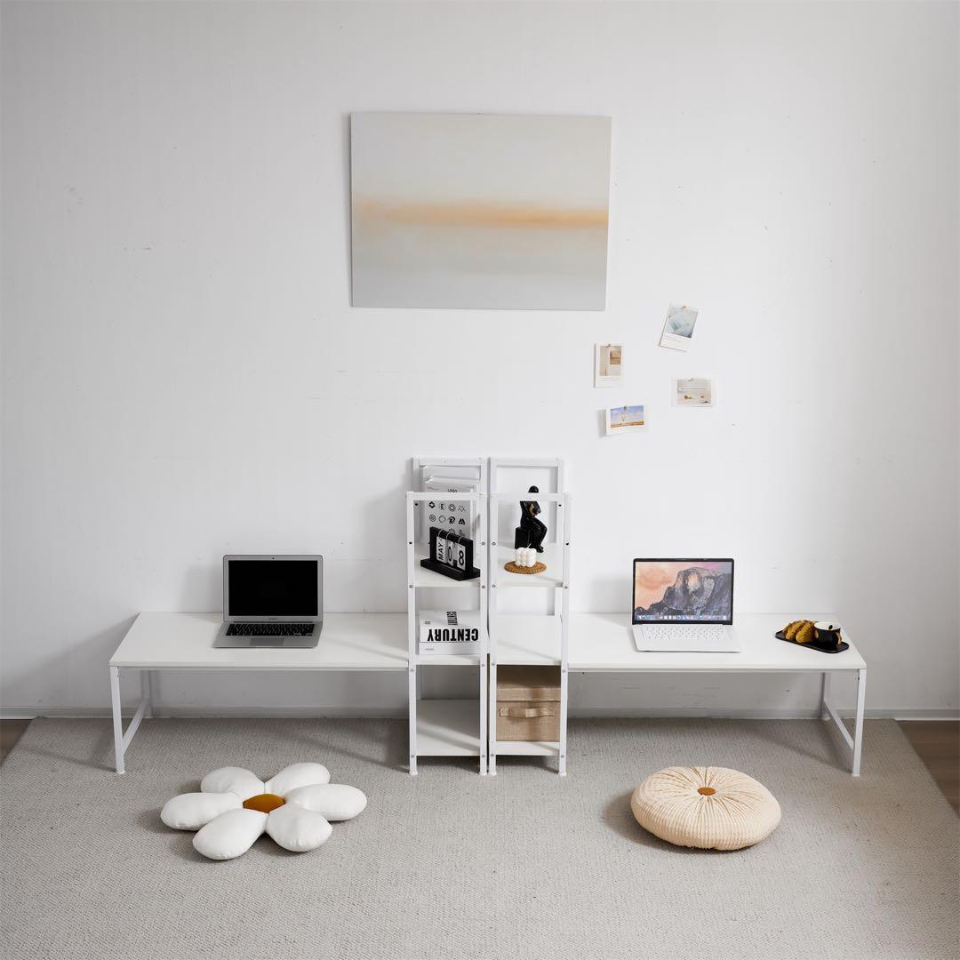 ワークデスク 学習デスク ロータイプ一体型デスク ラック付き 木製 灰