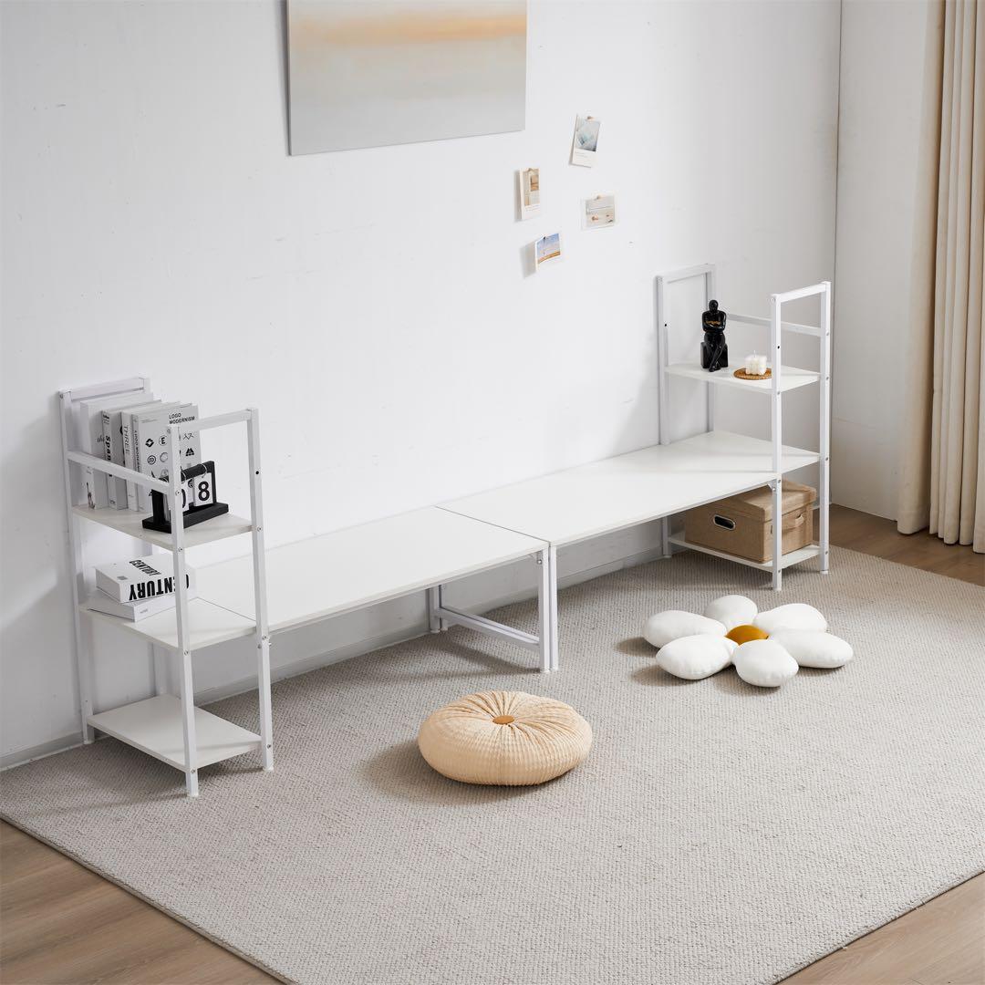 ワークデスク 学習デスク ロータイプ一体型デスク ラック付き 木製 灰