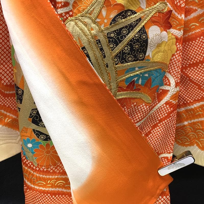 509ag4□七五三 七歳 女児 着物&袋帯 金駒刺繍 地紋 花鼓 雲取り□美品