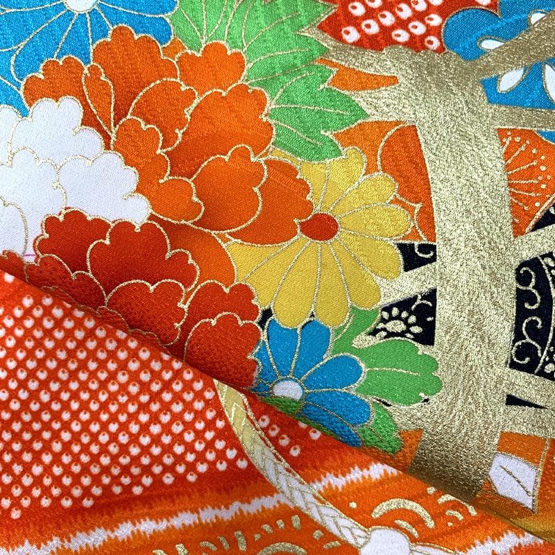 509ag4□七五三 七歳 女児 着物&袋帯 金駒刺繍 地紋 花鼓 雲取り□美品