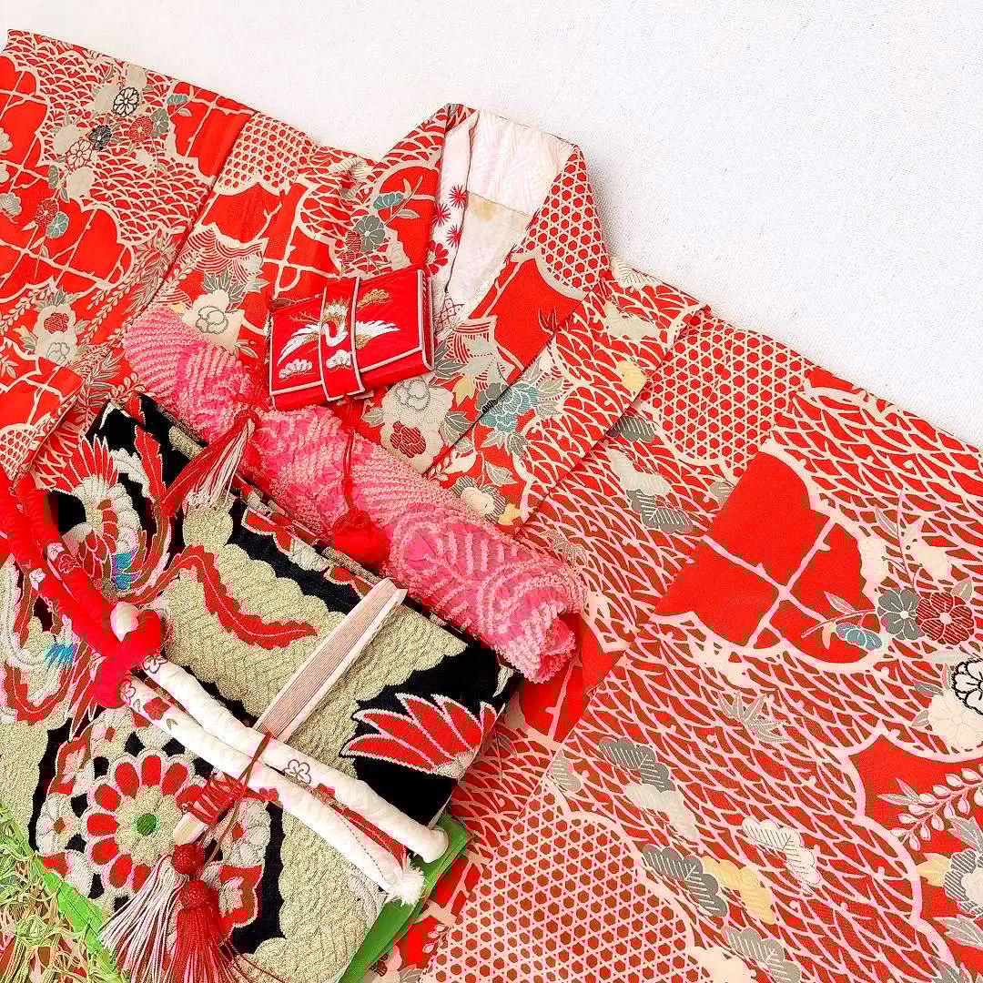 【昭和レトロセット】　七五三　7歳女の子　小物セット　朱地　51528