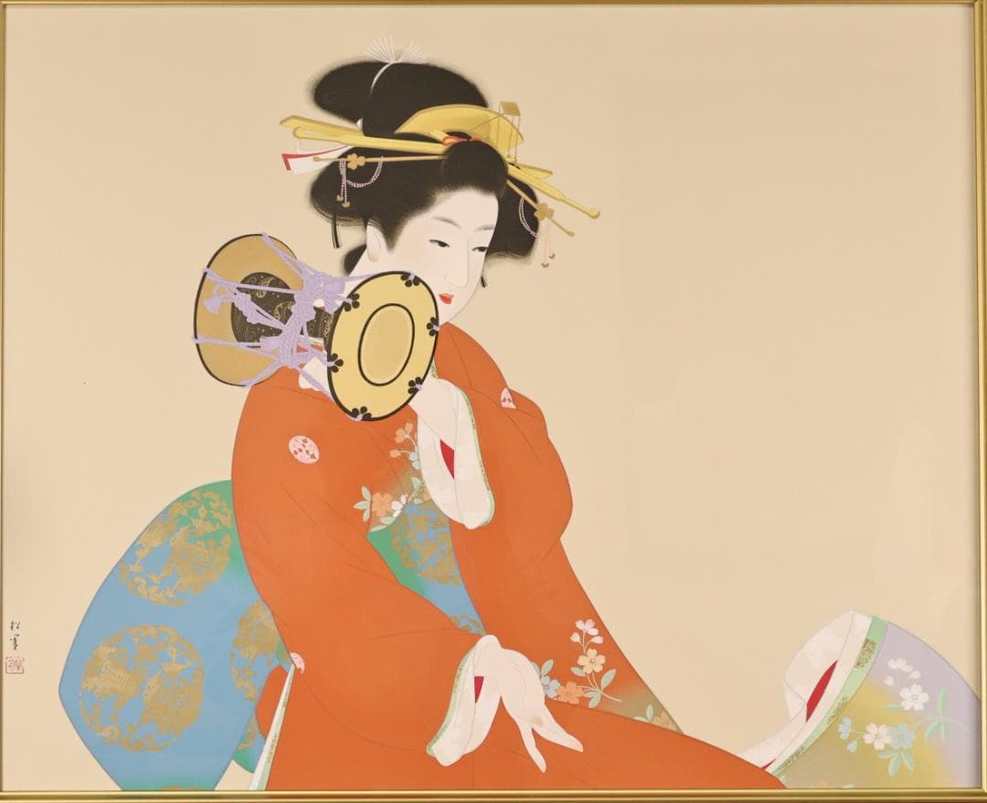 真作】 上村松園 「 鼓の音 」 12号 H.C シルクスクリーン BK178