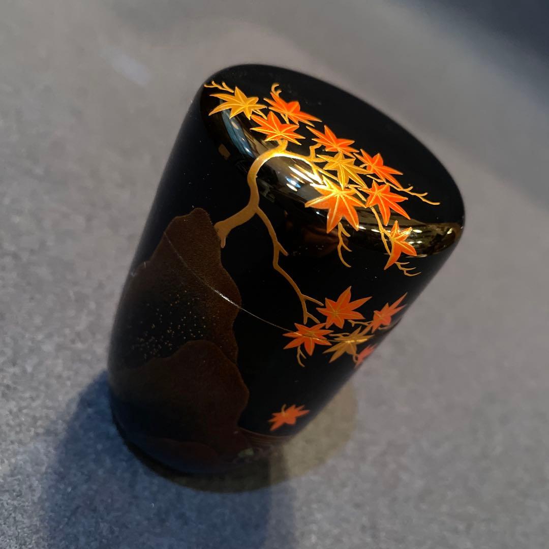 【竹内 幸斎】(造)『紅葉蒔絵の細棗』共箱　※美品 茶道具「棗」