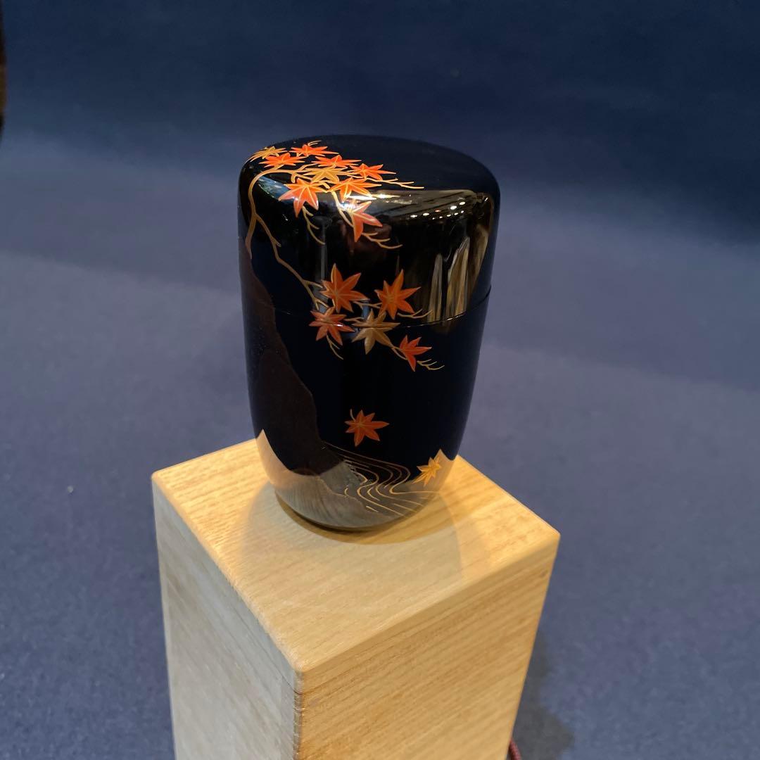 【竹内 幸斎】(造)『紅葉蒔絵の細棗』共箱　※美品 茶道具「棗」