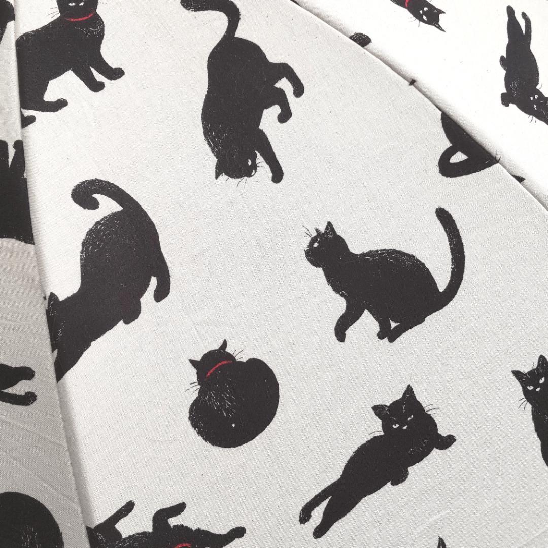 表裏黒猫がいっぱい日傘 裏地付 生成り 手動開閉タイプ ８本骨 ハンドメイド