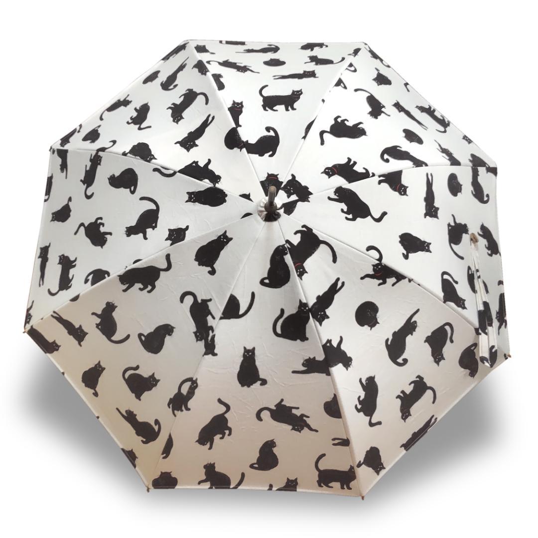 表裏黒猫がいっぱい日傘 裏地付 生成り 手動開閉タイプ ８本骨 ハンドメイド