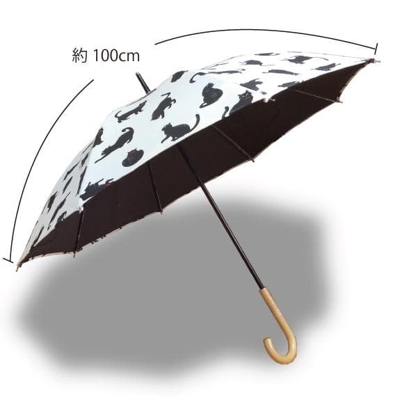 表裏黒猫がいっぱい日傘 裏地付 生成り 手動開閉タイプ ８本骨 ハンドメイド