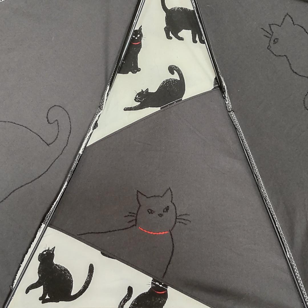 表裏黒猫がいっぱい日傘 裏地付 生成り 手動開閉タイプ ８本骨 ハンドメイド