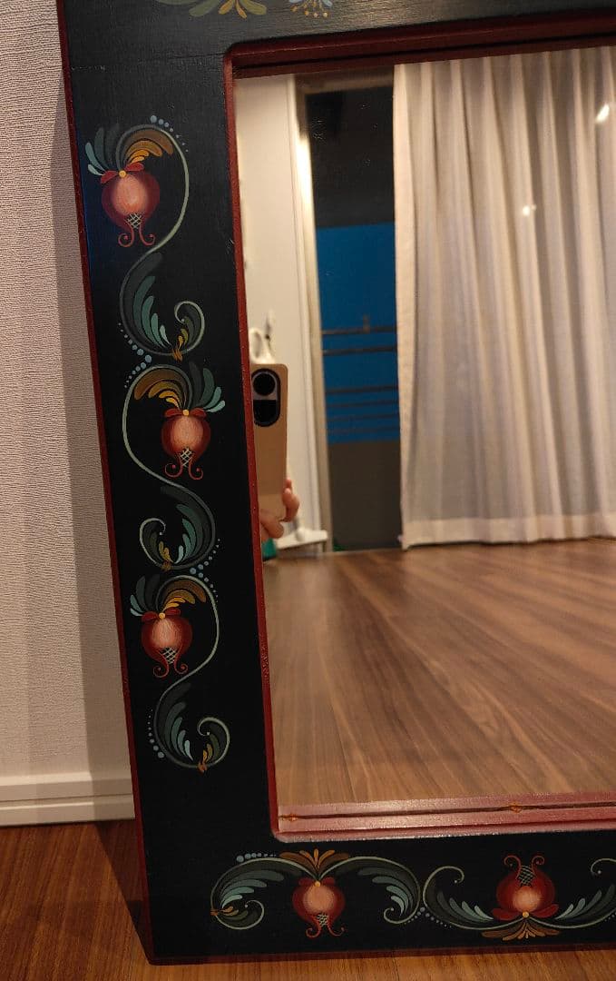 トールペイント 壁掛け鏡 ウォールミラー 手描き ハンドペイント 木製