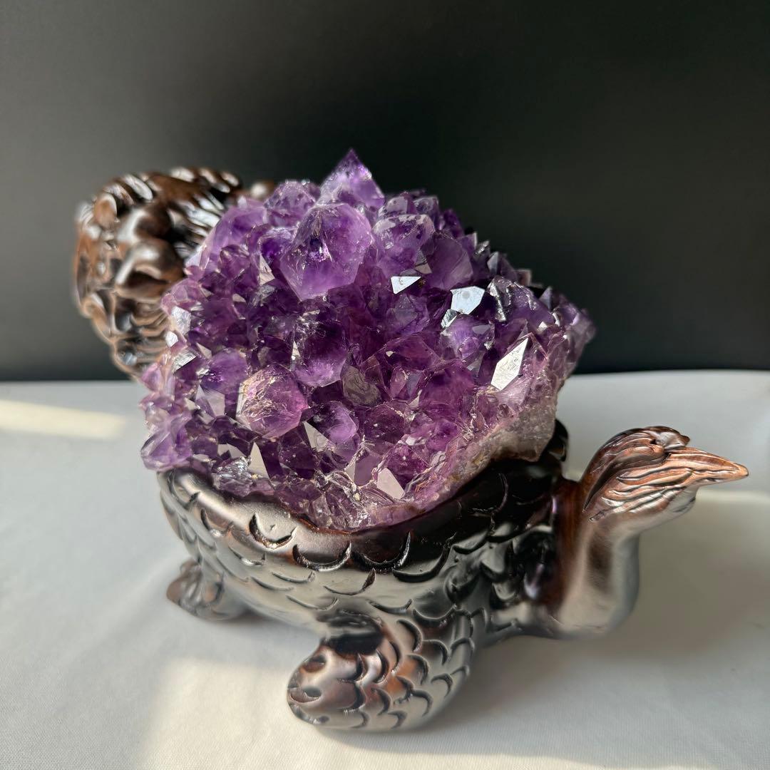 美品❣️天然石 アメジストの原石　クラスター　ロングイ台座付きNO.020411